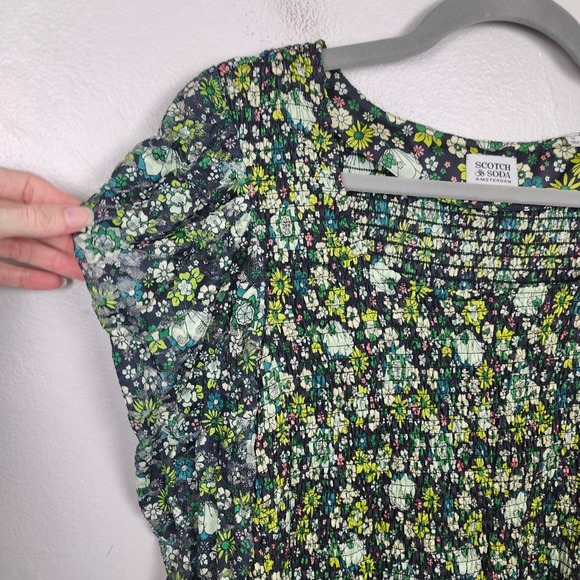Scotch & Soda Amsterdam Midi Dress Women Medium Green Floral Smocked Puff Sleeve - Picture 3 of 10